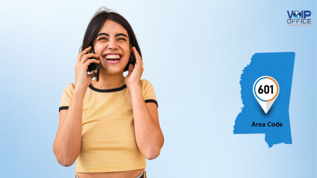 Happy woman talking on a smartphone next to a Mississippi state map graphic featuring the 601 area code for VoIP Office.