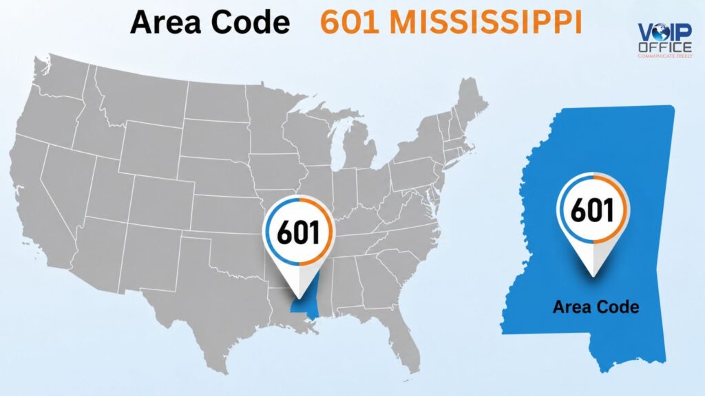Map of Mississippi highlighting the 601 area code location for VoIP Office business phone numbers.