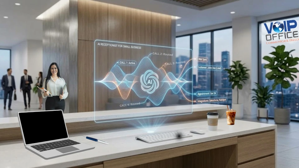 A futuristic office front desk displaying a digital AI receptionist holographic interface managing multiple business phone calls and CRM data syncs, with the VoIP Office logo in the background.