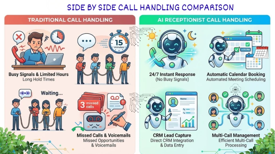 Side-by-side call handling comparison infographic showing traditional call issues like long hold times and missed calls versus AI receptionist benefits like 24/7 instant response, automatic calendar booking, CRM lead capture, and multi-call processing.